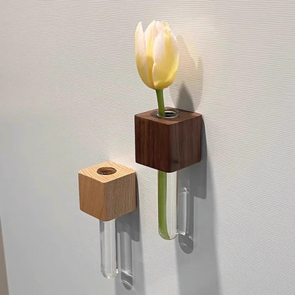 Handcrafted 3D Wooden Fridge Magnet Vase with Tube