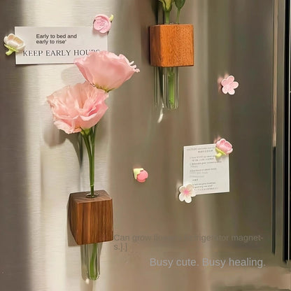 Handcrafted 3D Wooden Fridge Magnet Vase with Tube